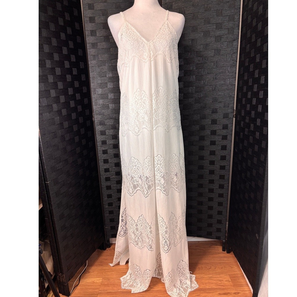 Lace‎ Maxi Shift Dress Womens M White Boho Bridal Wedding Beach Party Ethereal - Picture 2 of 12